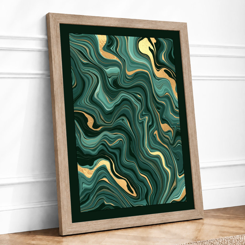 Flowing Teal Currents Modern - Framed Print, Oak, A4 - 29.7 x 21.0 cm