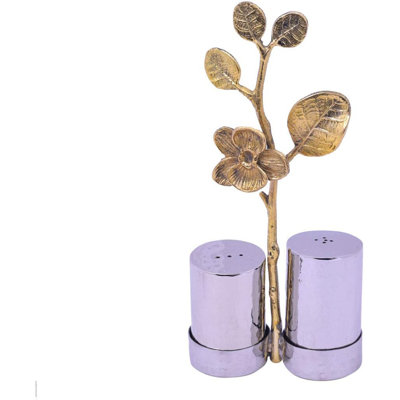 Gold Orchid Salt & Pepper Shaker Set with Floral Caddy Handle for Dining Table & Christmas Kitchen Decor