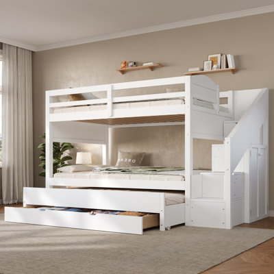 Melor Modern Solid Wood Bunk Bed with Trundle, Storage Staircase, Drawers, and Built-in Wardrobe