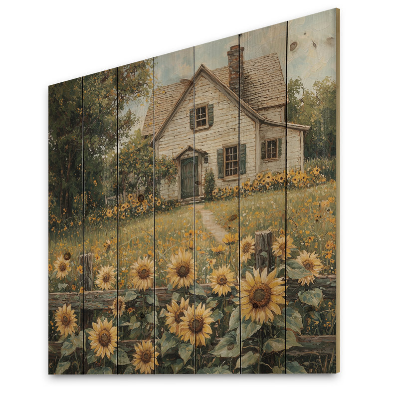 Tournesols près de la ferme - Art mural en bois de ferme - sur bois de pin naturel, H 15 po x l 15 po