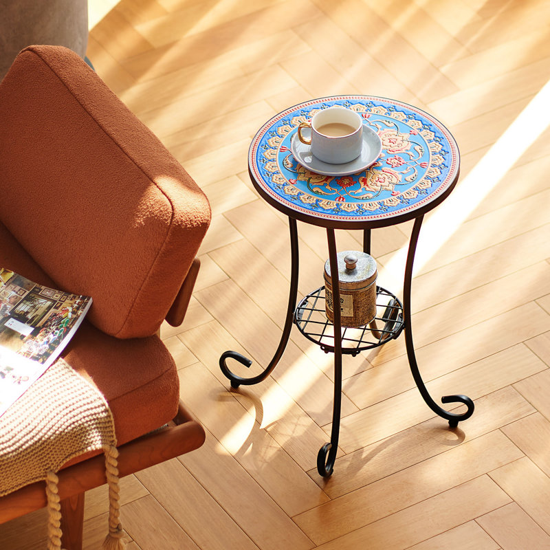 Fenske Patio Side Table with Shelf, Blue