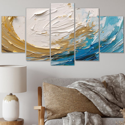 Nébuleuse spirale dorée et turquoise - Décoration murale spirales abstraites - 5 panneaux