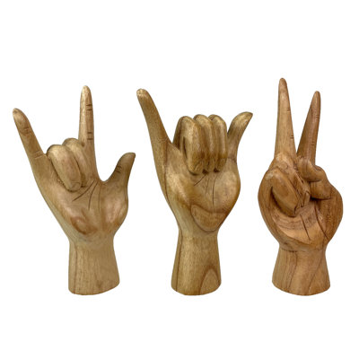Set of 3 Hand-Carved Wooden 8 Inch Hand Sculptures – Peace, Love You, Hang Loose Signs – Eco-Friendly Albesia Wood Decor – Ideal for Home, Office, and Gift Giving