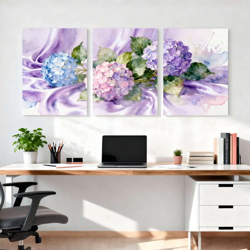 «Hydrangea», impression sur toile tendue à l'aquarelle sur toile, ensemble de 3, H 18 po x l 36 po