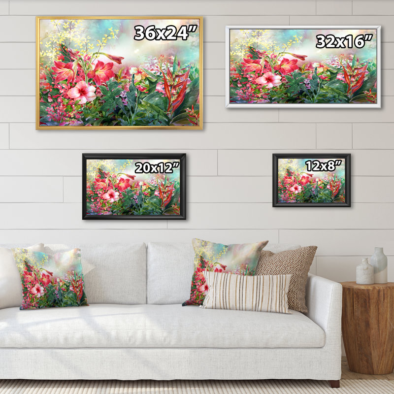 Impression de fleurs multicolores printanières sur toile, H 16 po x l 32 po x P 1 po, Cadre flottant blanc