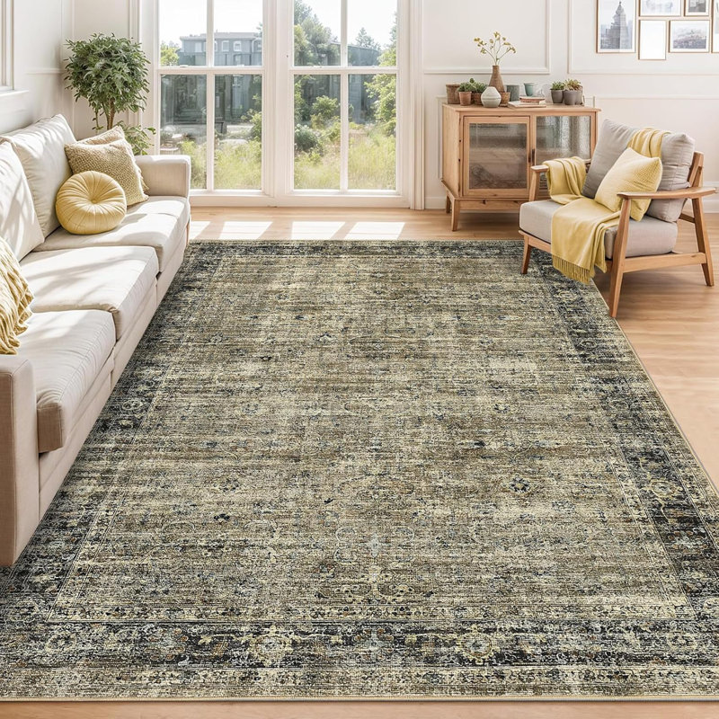 Living Room Rugs 5X7 Washable, Soft Vintage Distressed Large Bedroom Area Rug Foldable Indoor Floor Carpet, Retro Thin Non-Slip Throw Rugs For Bedroom Dining Room, Olive Brown