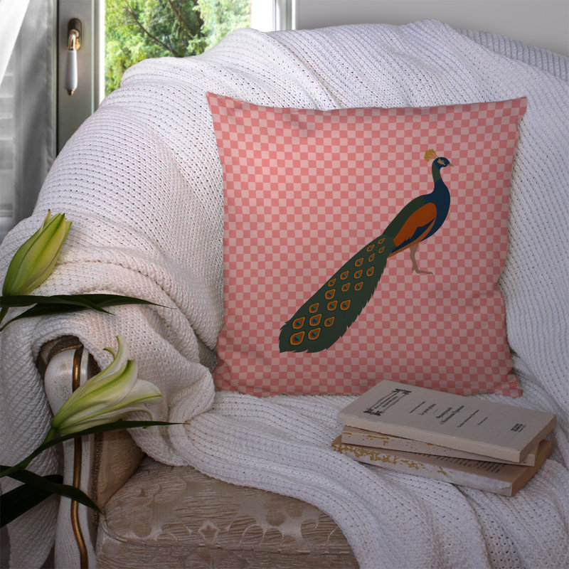 Coussin décoratif d’extérieur peacock paon check, 14 po x 14 po, Rose
