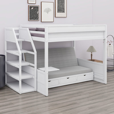 Lit superposé convertible avec escalier de rangement intégré et tiroirs multiples