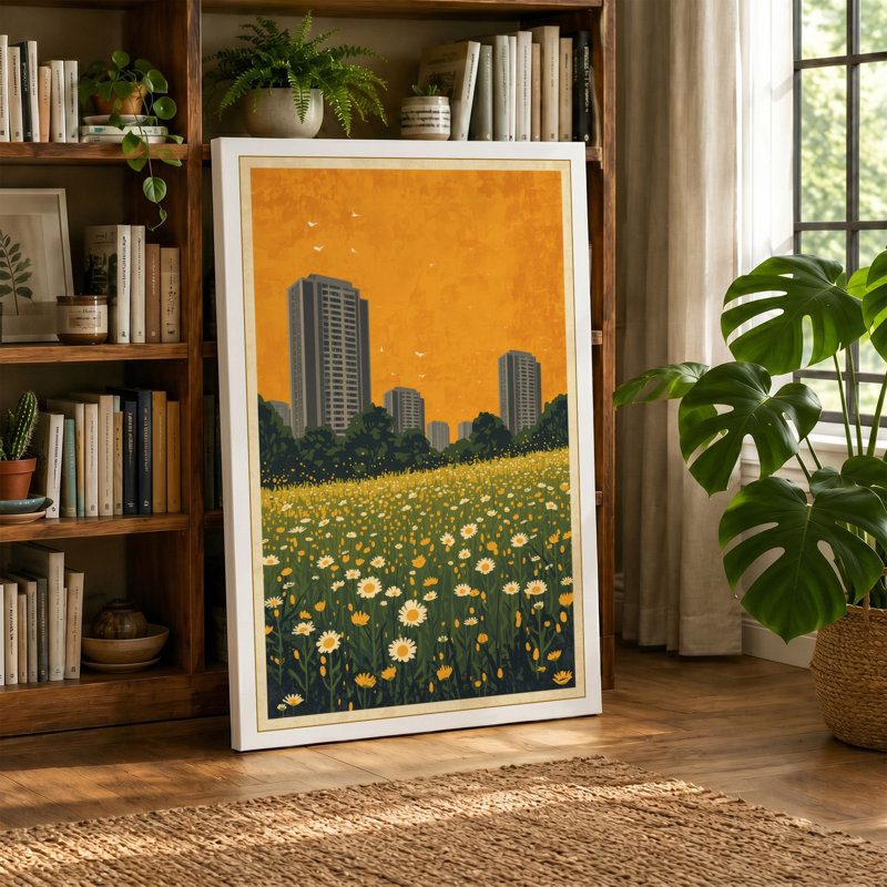 Flowers and Towers Retro - Wrapped Canvas, 36x24 - 91.4 x 61.0 cm, Sage Border