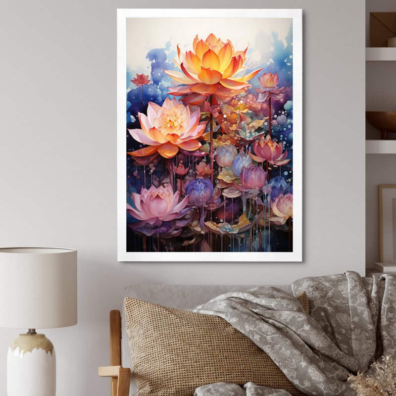 Orange orange, art bouddhiste lotus mandala - art mural bouddhisme, Cadre simple blanc, L 16 po x H 32 po x P 1 po