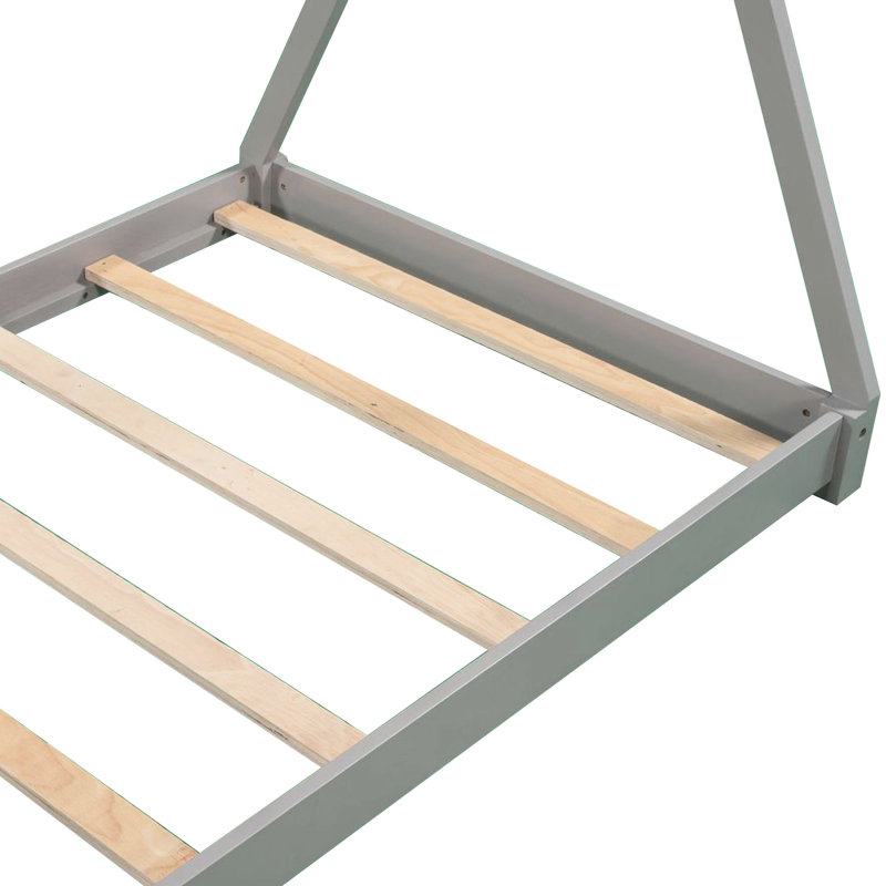 Lit simple gris avec plateforme à structure triangulaire - Bois de pin manufacturé et garde en sécurité Assemblage simple requis, guide de bien-être solide