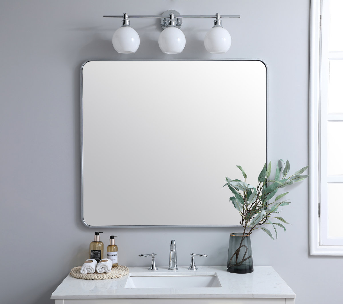 Sabine Metal Rounded Rectangle Wall Mirror, 40" x 36", Silver