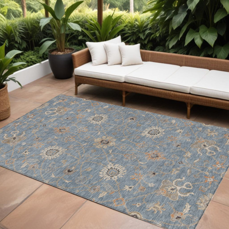 Tapis extérieur lavable floral ivoire et corail 10 pi x 14 pi bleu denim