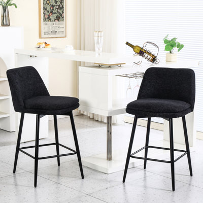 Tabourets de comptoir de 2 tabourets en métal revêtus de lin noir d'une hauteur de 25,6 po pour un coin cuisine moderne