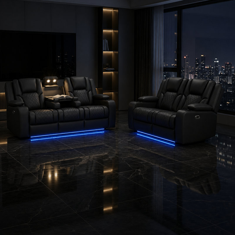 205 cm Wide Leather Glider Home Theatre Recliner, Black Polyurethane/Leather