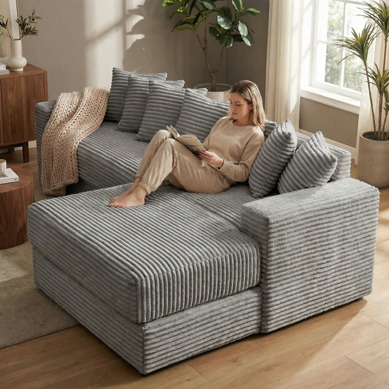 2 - Piece Corduroy Sectional Sofa Reversible Sleeper Couch with Chaise, Gray Corduroy