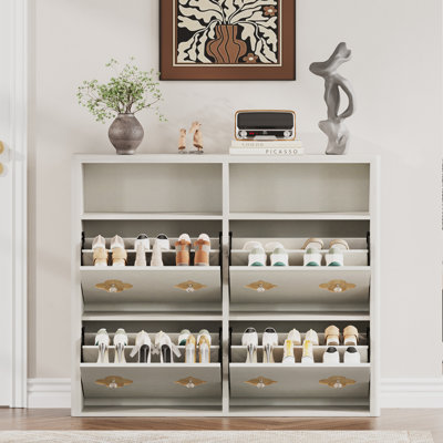 Armoire à chaussures moderne à 4 tiroirs rabattable avec boutons en diamant élégants, organisateur de rangement de chaussures caché mince avec séparateurs réglables pour entrée étroite et couloir - blanc