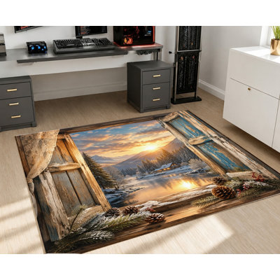 Tapis d'intérieur avec vue panoramique sur un coucher de soleil hivernal, imprimé rustique avec cadre de fenêtre en bois, motif paysage de chalet chaleureux, antidérapant, idéal pour le salon, la chambre, le dortoir ou un appartement.
