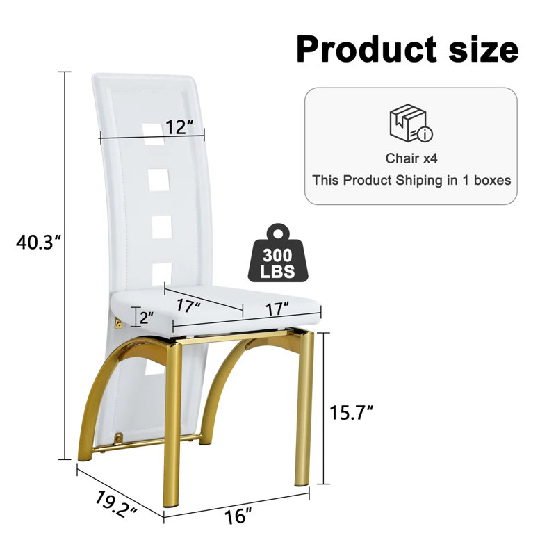 Modern Faux Leather Upholstered Dining Chair with Curved Metal Legs & Cut-out Back (Set of 6), Gold, White, 6