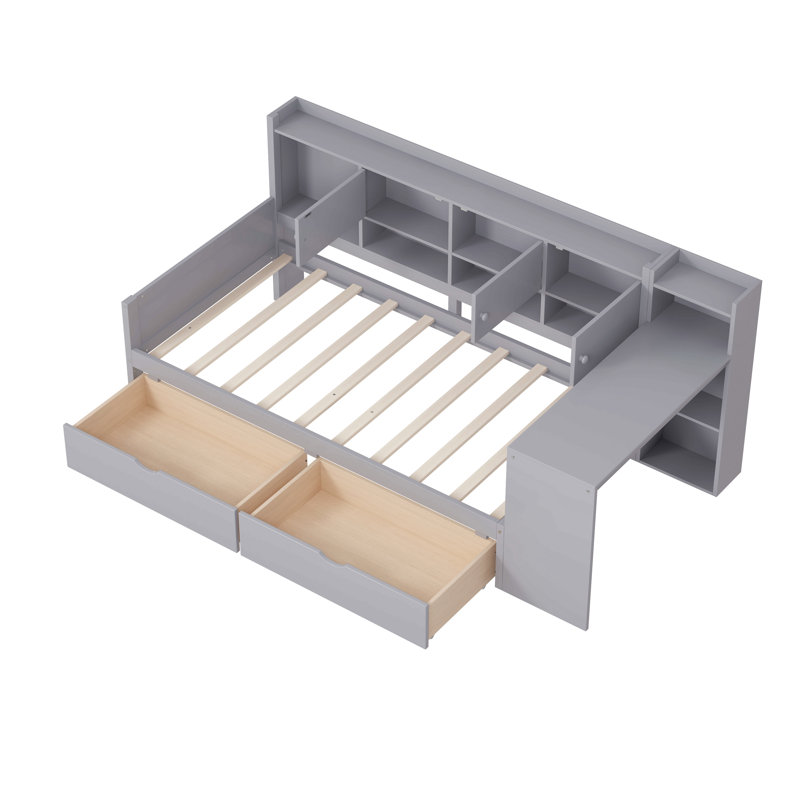2 Drawers Daybed With Desk And Bookcase, Gray, Twin