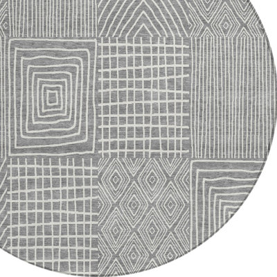 8' Gray And Ivory Round Geometric Washable Indoor Outdoor Area Rug
