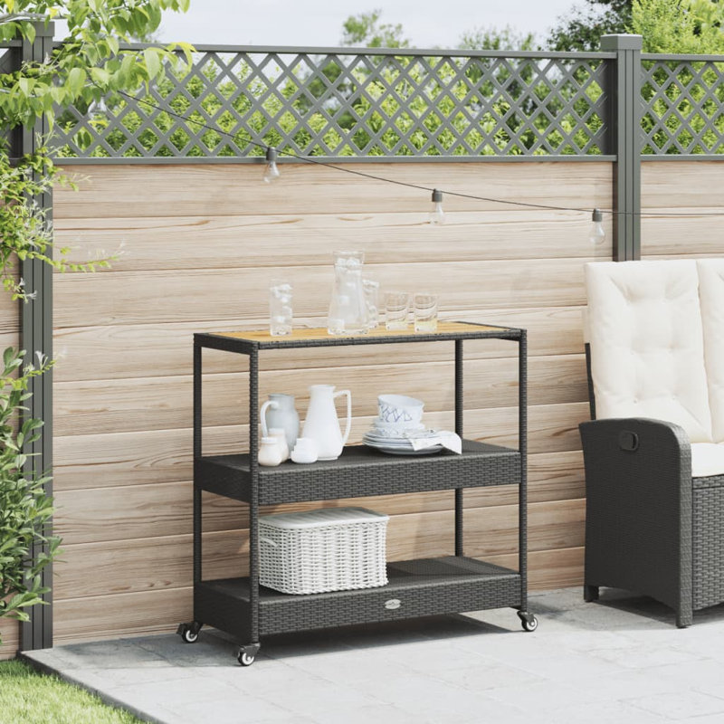 Bar Cart 3-Tier Black Poly Rattan And Solid Wood Acacia