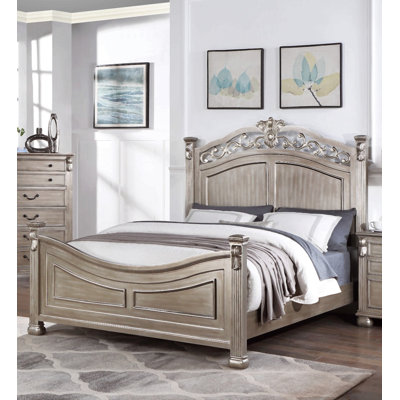 Formal Traditional Antique Silver Bed Unique Design Headboard Footboard Bedframe