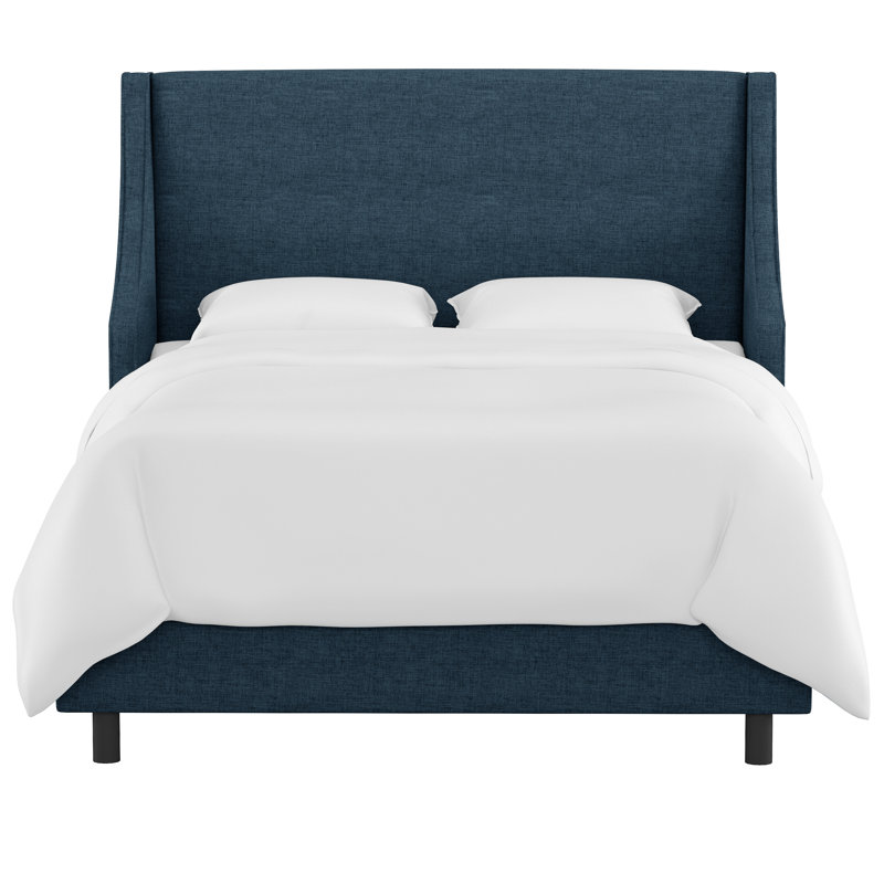 Lit tapissier standard à profil bas Bernadine, Lin texturé bleu marine Zuma, Double