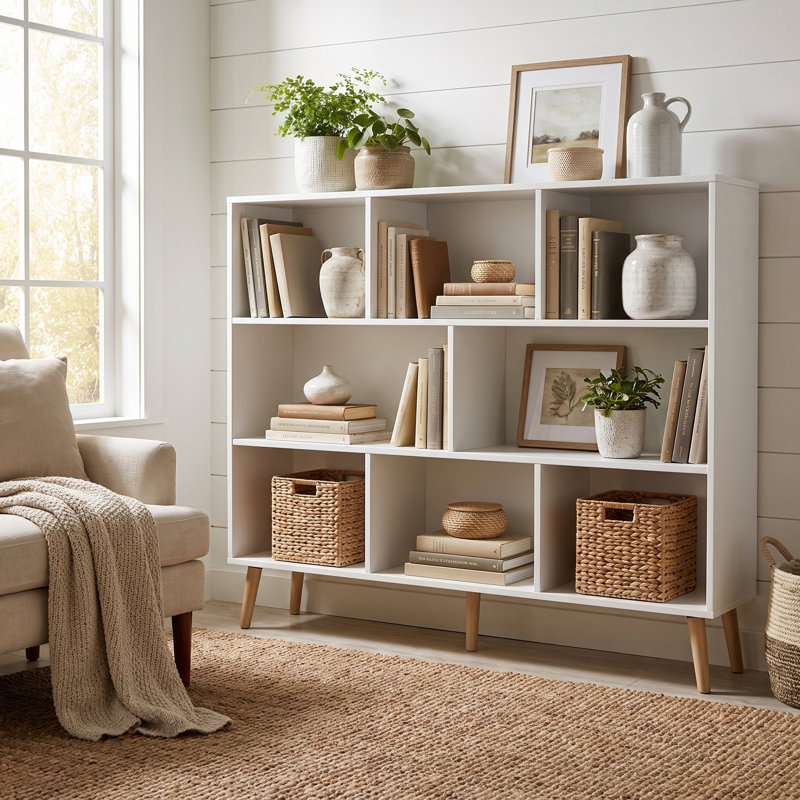 Jaen Solid and Manufactured Wood Cube Bookcase, Grand White, (8 Shelves) 42.5" H x 55.1" W x 9.4" D