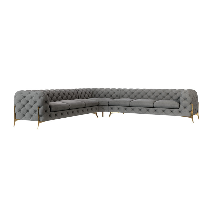 L-shape Corner Chesterfield Sofa  with Gold Metal Legs, Grey