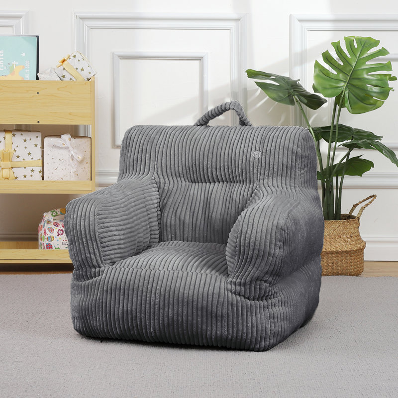 Pouf poire en velours côtelé pour enfants, motif ours fraise - Canapé de sol léger et portable pour lire, jouer et faire la sieste - Soutien doux et confortable - Gris pâle 58 x 58 x 53 cm (23 x 23 x 21 pouces)