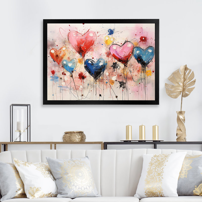 Rose et bleu cœur Pop Art 1 - Art mural Pop Art, Cadre d'angle fermé noir, H 12 po x l 20 po x P 1 po
