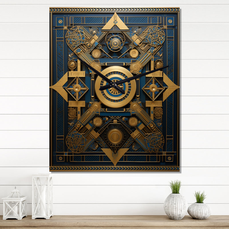 Ancienne sceau antique en or et bleu - horloge murale géométrique moderne, H 28 po x l 12 po x P 1 po