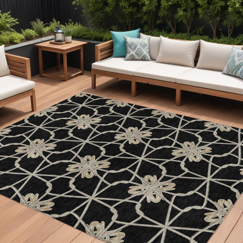 Tapis intérieur / extérieur géométrique noir lavable 8 pi x 10 pi
