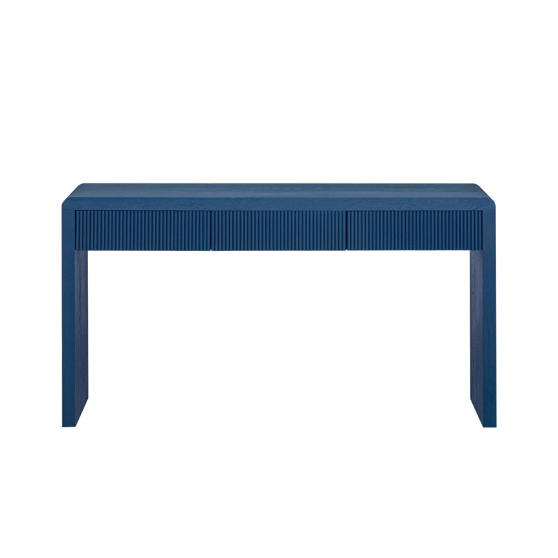 Trexm Rustic Console Table With 3 Fluted Drawers - Solid Wood Veneer Entryway Table Featuring Natural Wood Grain For Living Room, Hallway (Navy)