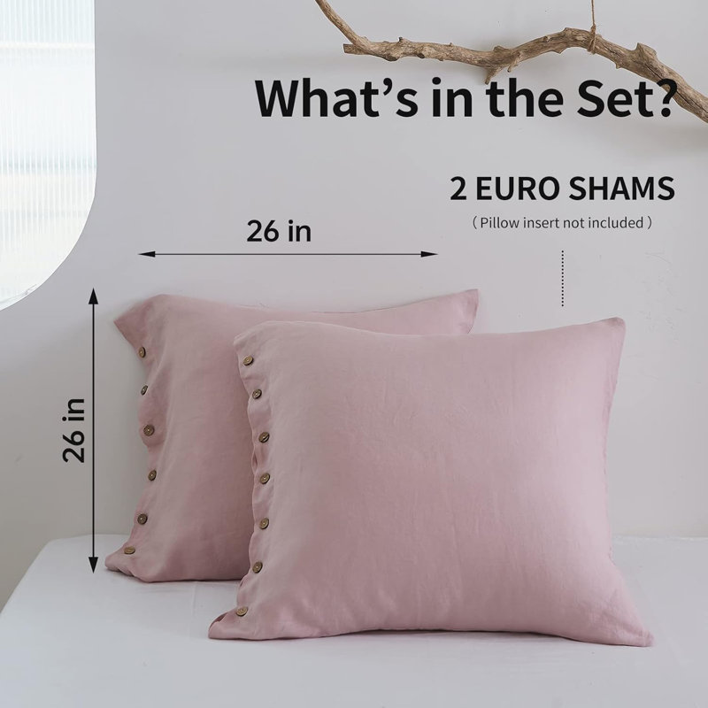 100% Washed Linen Euro Sham Cover, 26 X 26 Inch-Set Of 2, Blush Pink