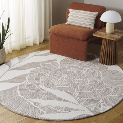 Tapis floral ivoire / beige en laine / coton touffeté à la main Braddy 741