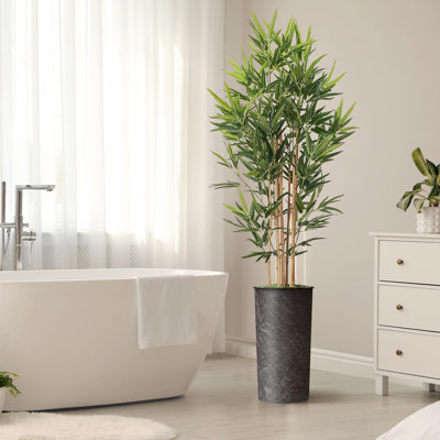 Artificial Tree in Black White Wood Tree Rings Pattern Planter Fake Bamboo Silk Tree