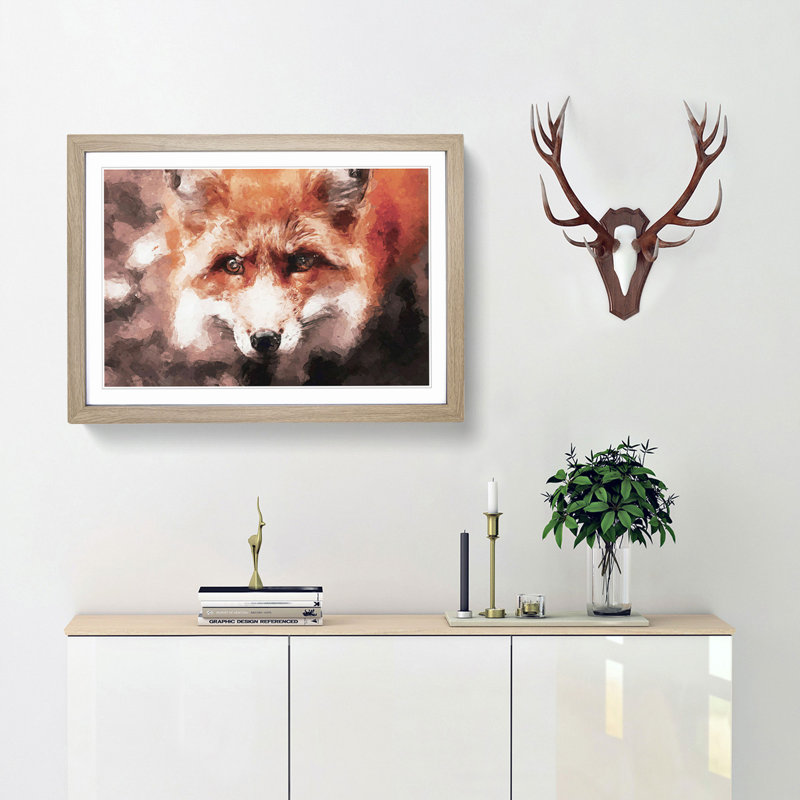 Curious Fox in Abstract - Picture Frame Graphic Art Print, 36cm H x 48cm W x 2cm D, Oak Framed