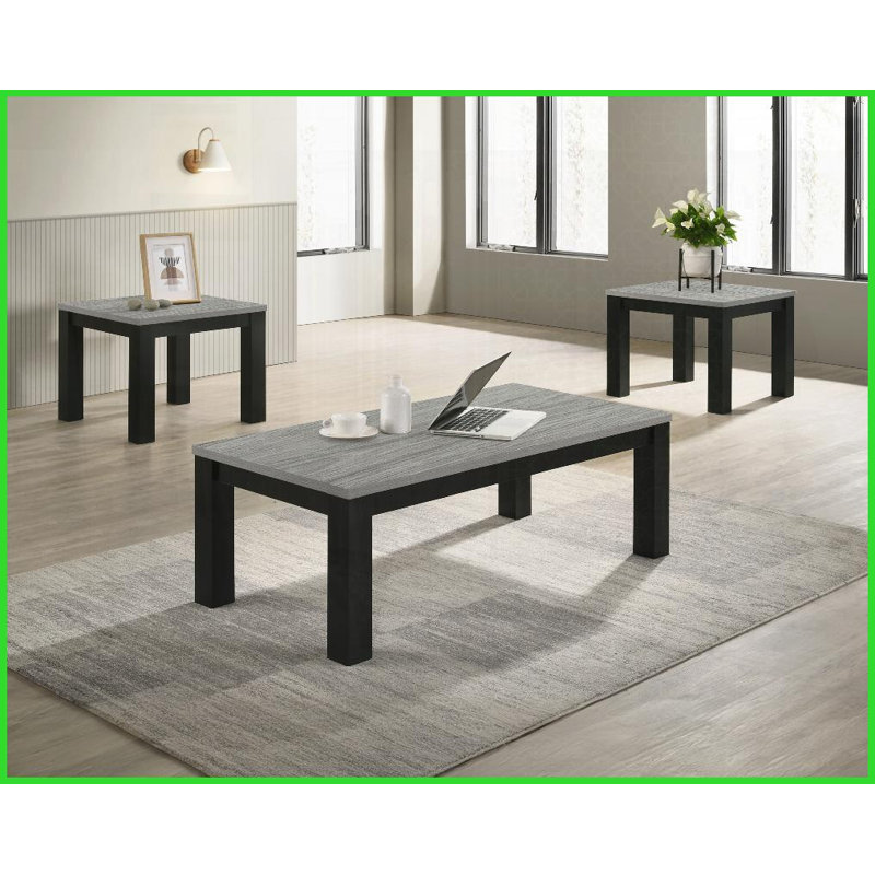 Ensemble de 3 tables basses de salon contemporaines noires et grises - plateau en bois, facile à assembler