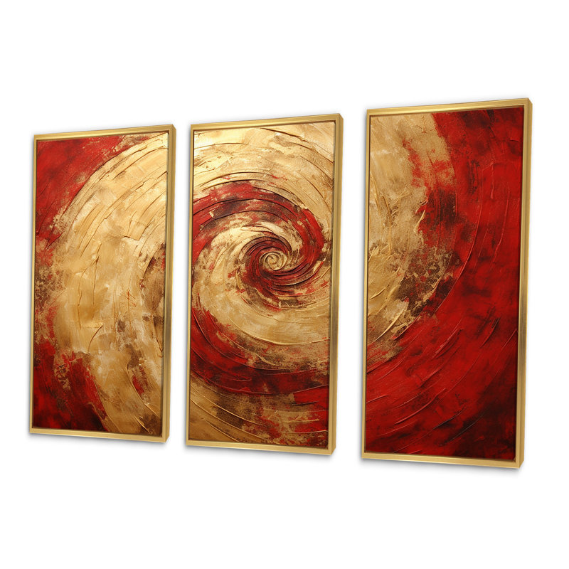 Red Gold Fusion Spiral III - Ensemble de décorations murales spirales abstraites, Cadre flottant doré