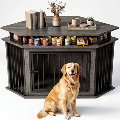 Wooden Corner Dog Crate With 2-Tier Shelves, Heavy Duty Pet Kennel  For Large Dogs, Space-Saving Tv Stand For Living Room, Grey (26.7" L X 51.2" W X 33.5" H)