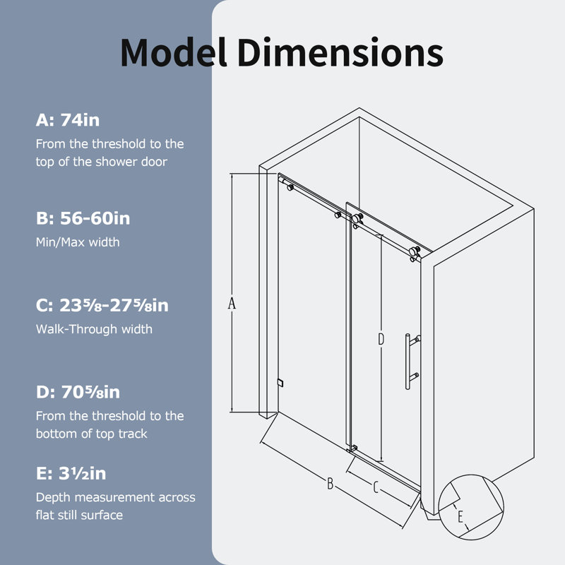 56-60" W x 74" H Frameless Shower Door Single Sliding Soft-Close with 5/16"(8mm) Tempered Glass, Brushed Nickel