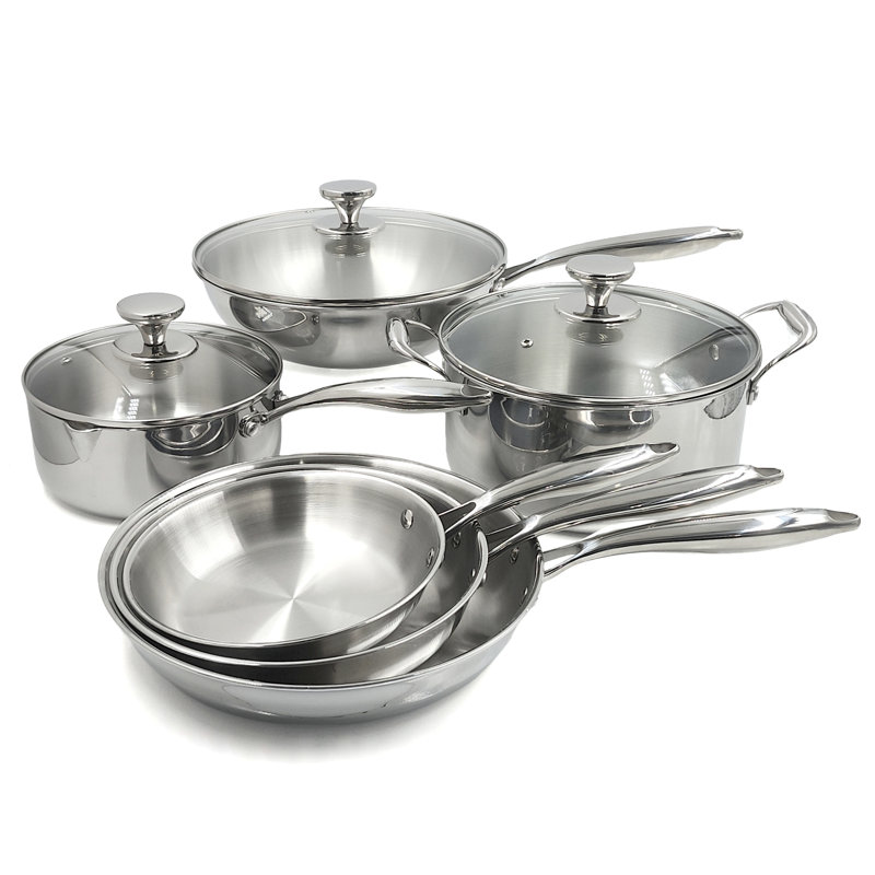 Tri-Ply Clad Stainless Steel Cookware Pots and Pans Set with Glass Lids with Induction Compatibility, 9 pcs
