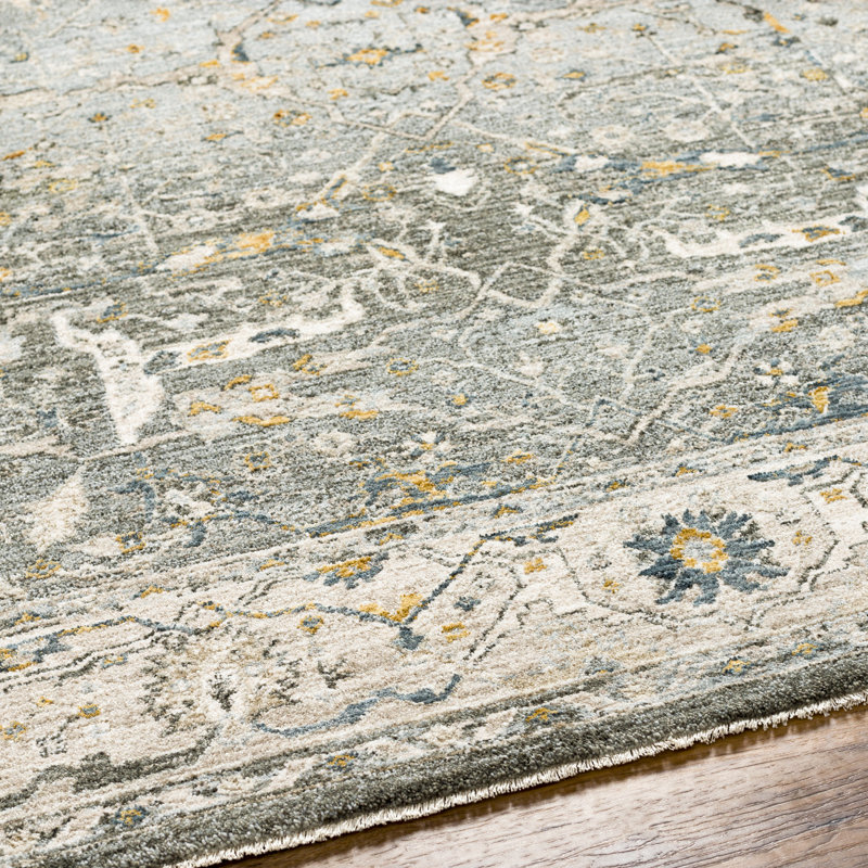 Tapis oriental oriental en polyester tissé à la machine en olive / or / beige / gris, Rectangle 7 pi 10 po x 10 pi 3 po