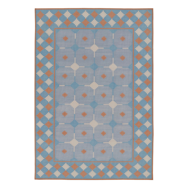 Rug & Kilim’S Contemporary Dhurrie Rug In Blue And Rust Tile Design