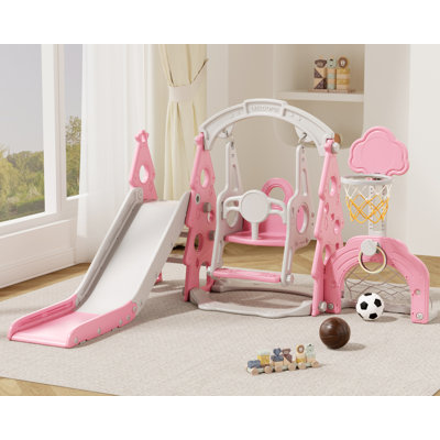 6-in-1 Kids Slide And Swing Set, Toddler Slide With Basketball Hoop, Swing, Soccer Goal