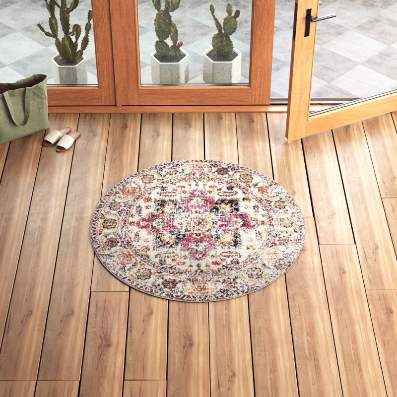 Tapis oriental fuchsia et ivoire Christa, Rond 5 pi 3 po