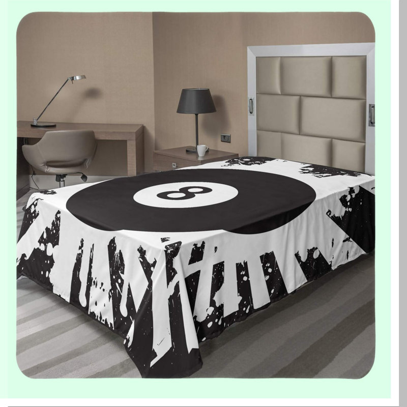 Lucky 8 Ball Grunge Flat Sheet - Monochrome Design with Splashes - Soft Comfortable Decorative Bedding - Twin Size Charcoal - Billiard Theme
