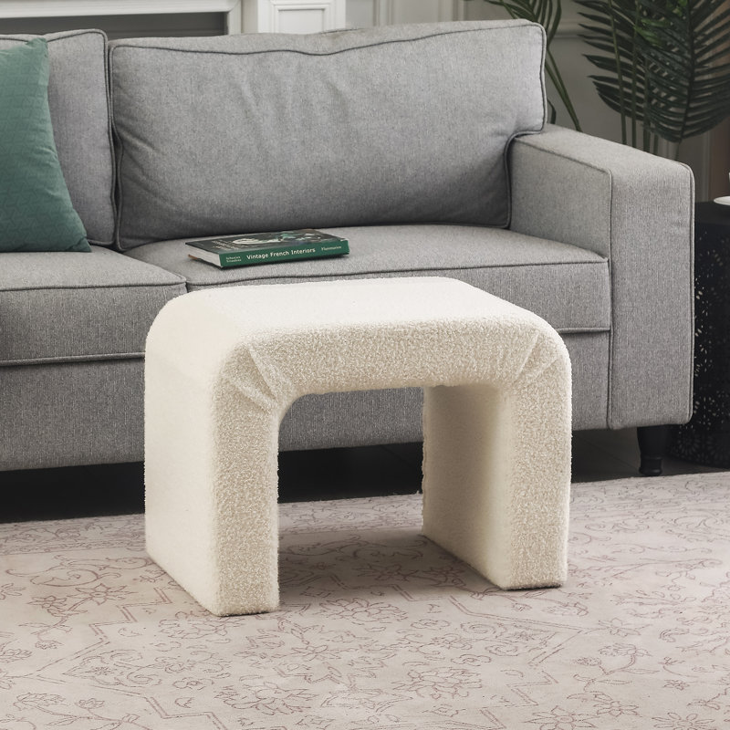 24 Inches Upholstered Waterfall Ottoman Footstool, Ivory Teddy